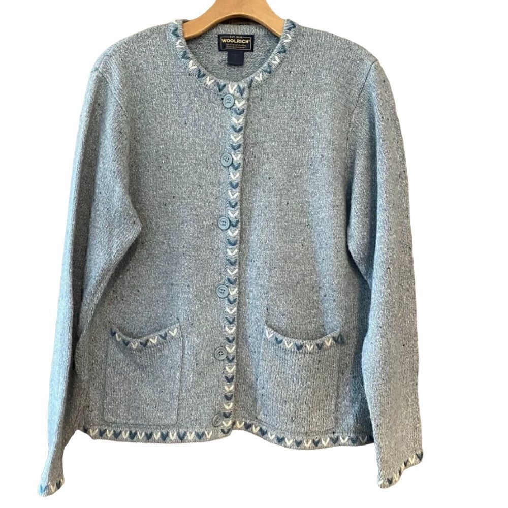 Woolrich Sz M Heather Blue Wool Blend Button Down Embroidered Cardigan Sweater